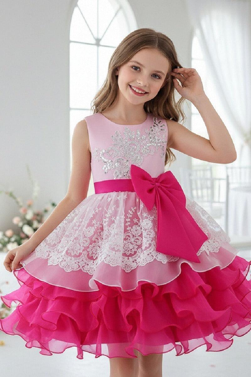 Sleeveless Round Neck Knee Length Tiered Ruffled Organza Lace Flower Girl Dresses 1030684537827 - 7 Days / Fuchsia / 110cm - COCOMELODY